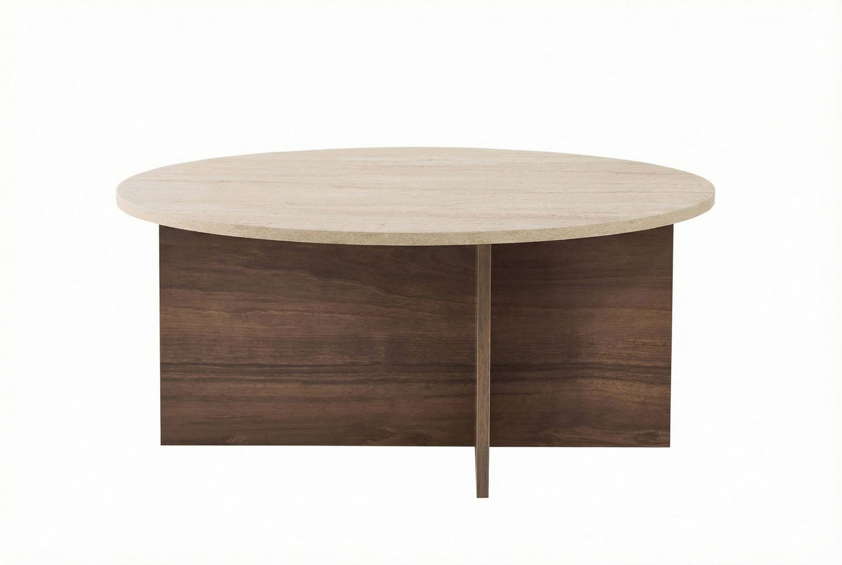 Witfoto ronde salontafel met travertin blad en donker houten onderstel in kruisvorm.