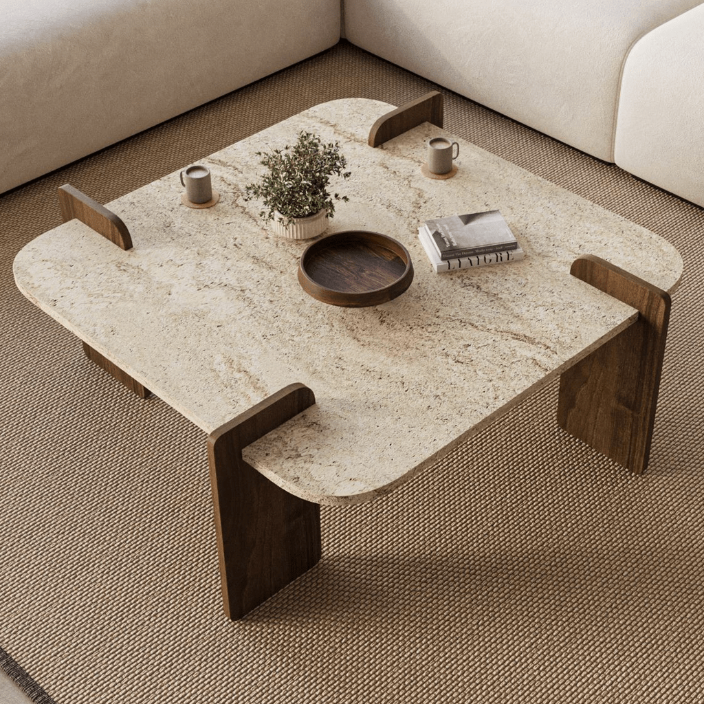Salontafels - Japandi salontafel travertin met walnoot - melamine - 90 x 90 cm - Alfro - Dimehouse