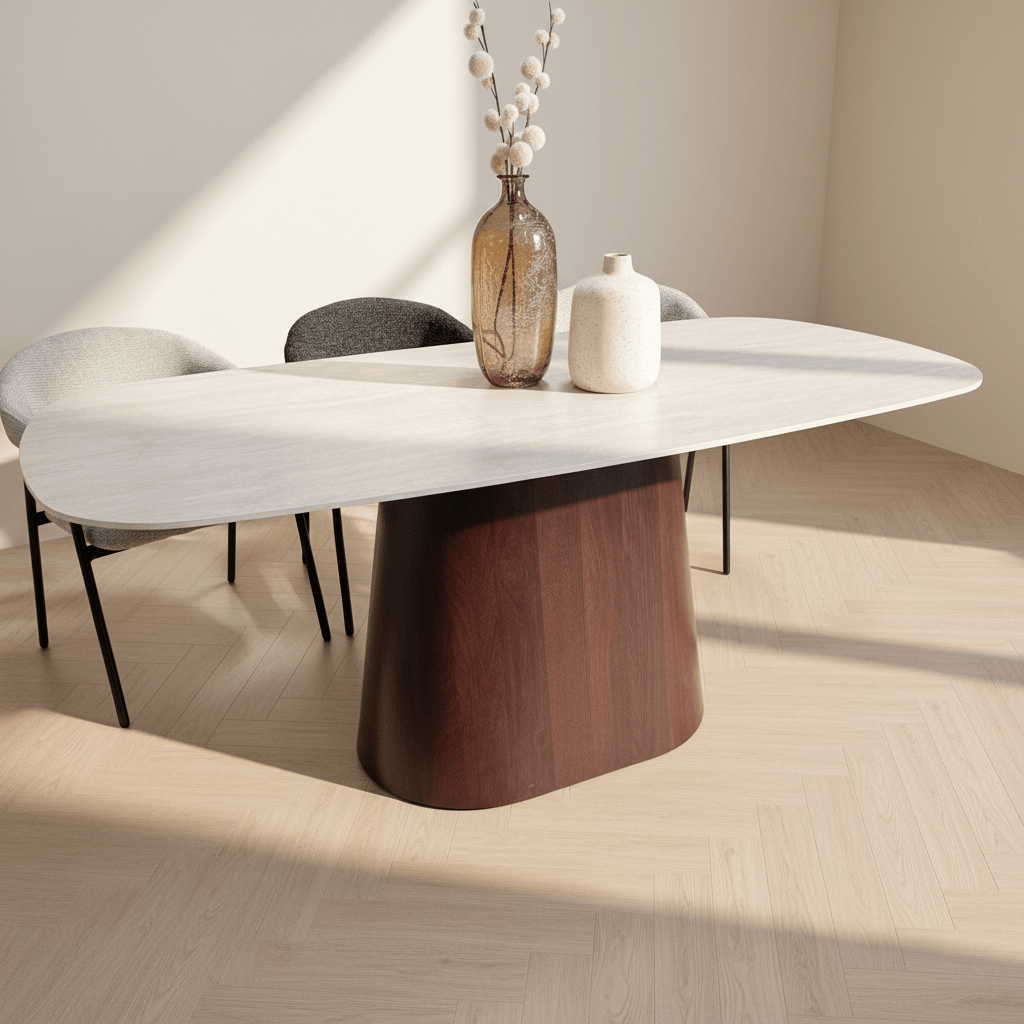 Tavolo da pranzo in travertino effetto marmo, pietra sinterizzata Lea 180x90 cm - Struttura in noce - Ovale danese