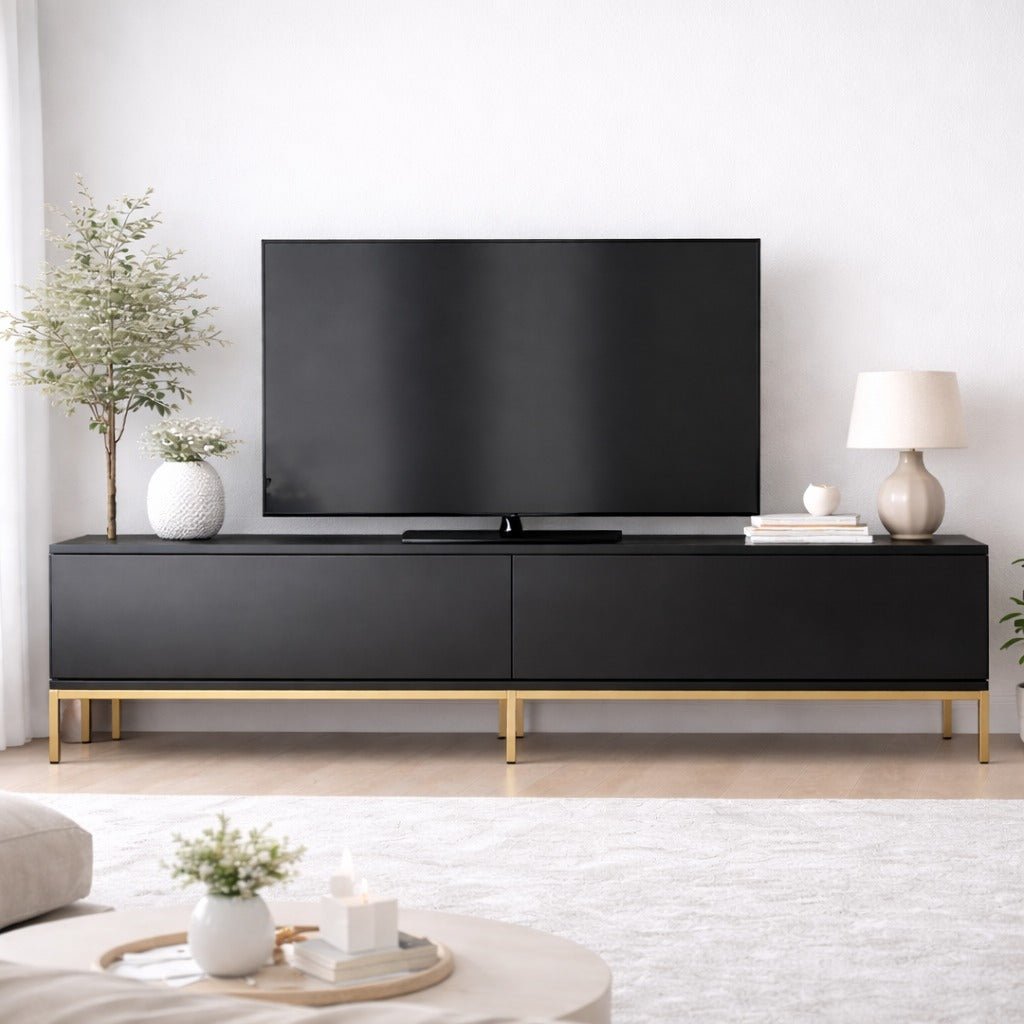TV Meubels - TV Meubel Lord Zwart Goud Melamine 180x47x30 cm - Dimehouse