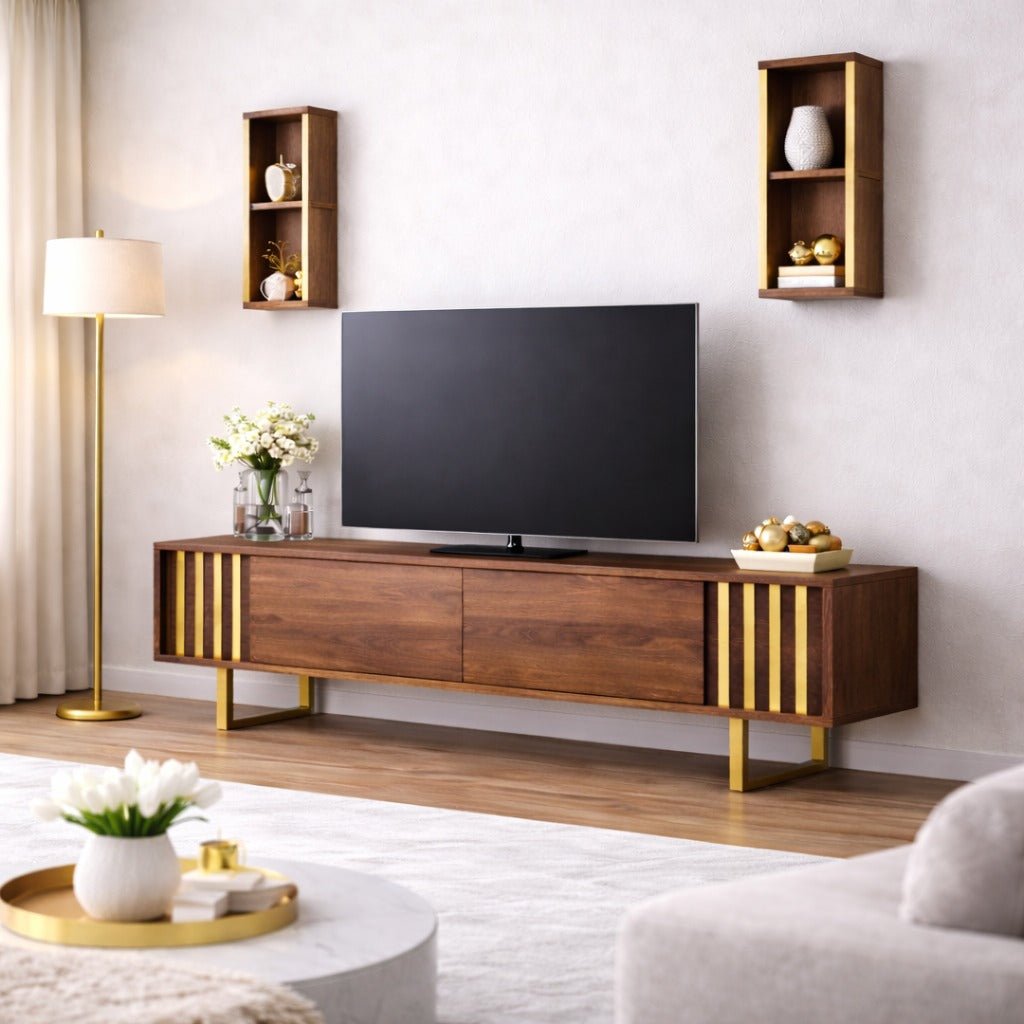 TV Meubels - TV Meubel Set Gold Line Walnoot Zwart Melamine 180x48x30 cm - Dimehouse