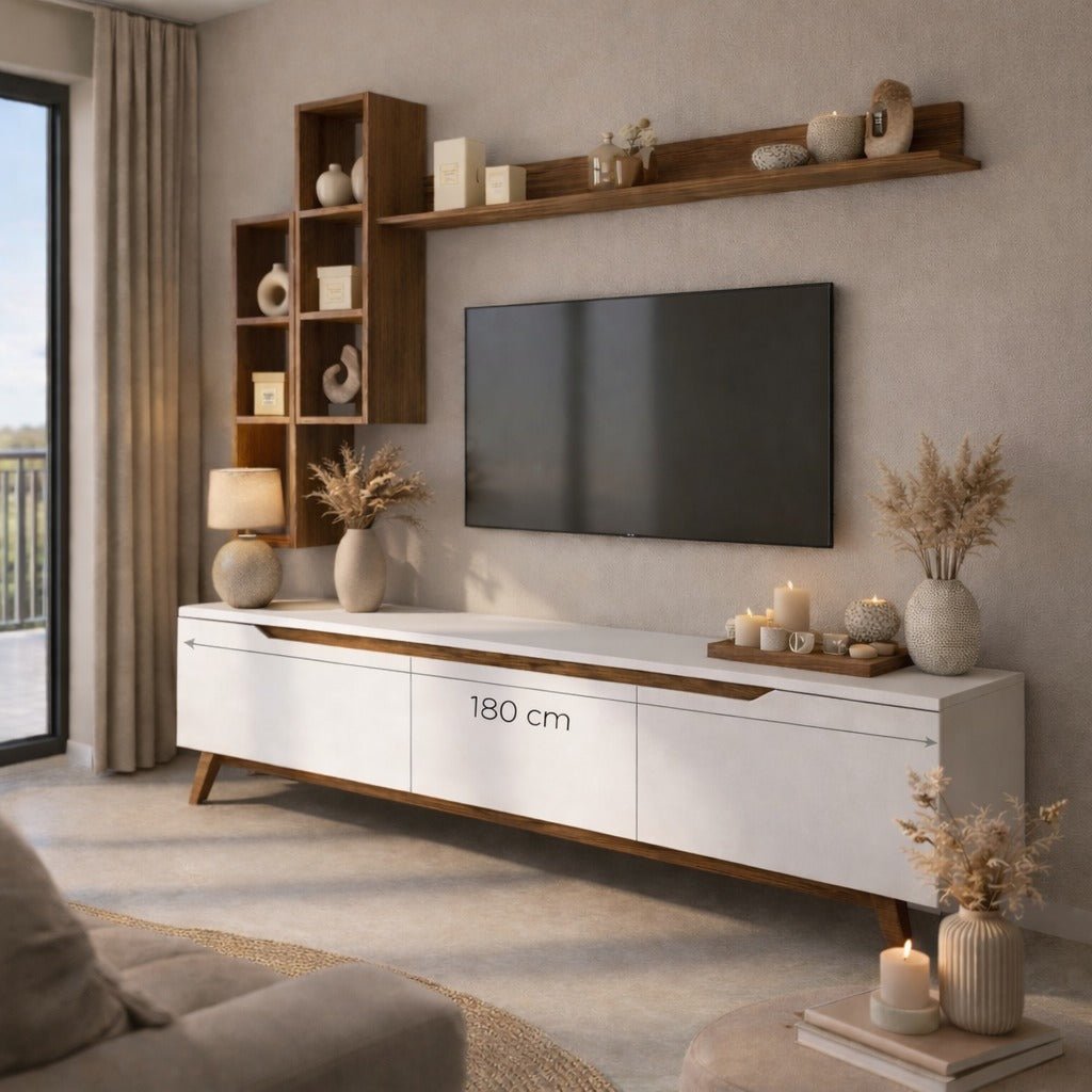 Set Mobile TV Iona Bianco Noce Scuro Melaminico 180x48,6x35 cm