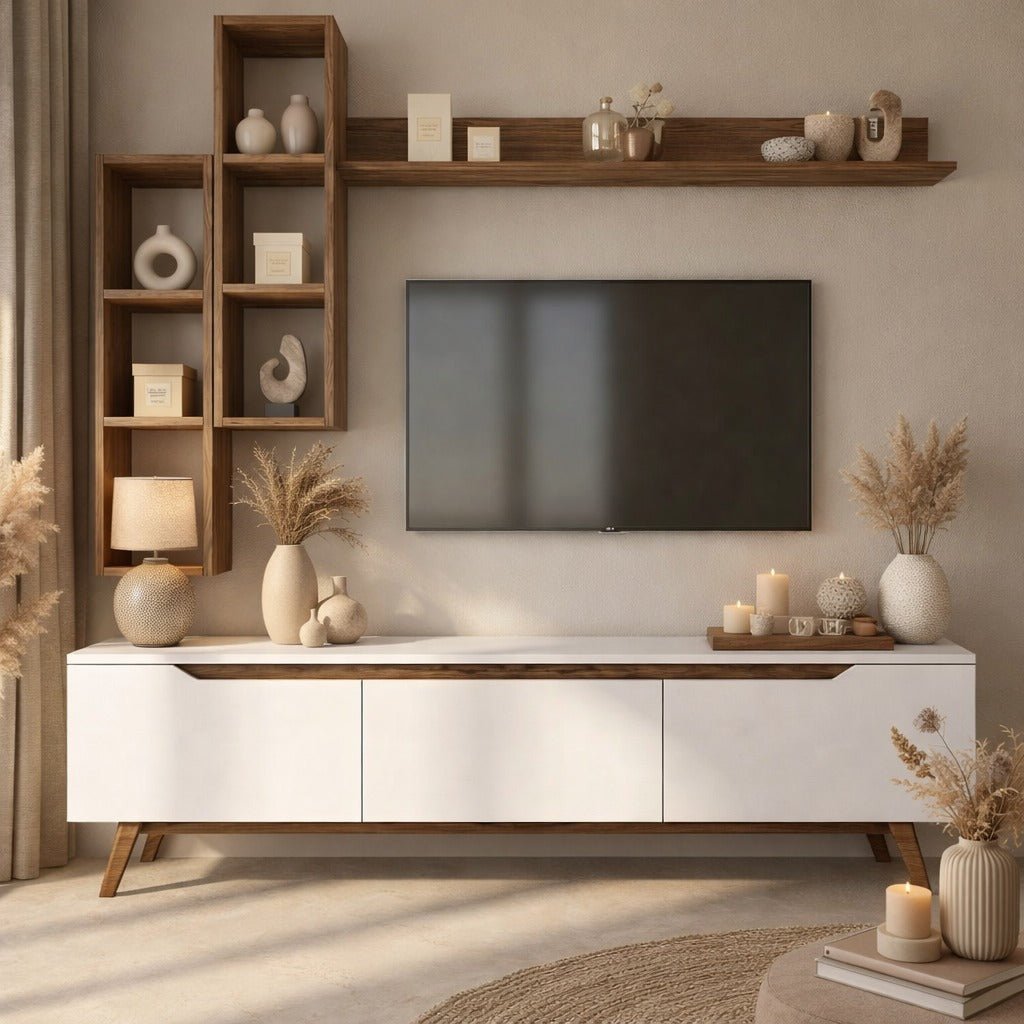 Set Mobile TV Iona Bianco Noce Scuro Melaminico 180x48,6x35 cm