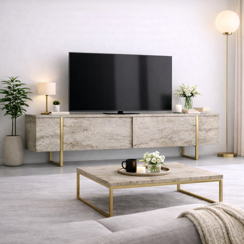 TV Meubels - TV Meubel Travertin Luxe 180x50x30 - Gouden Frame - Dimehouse