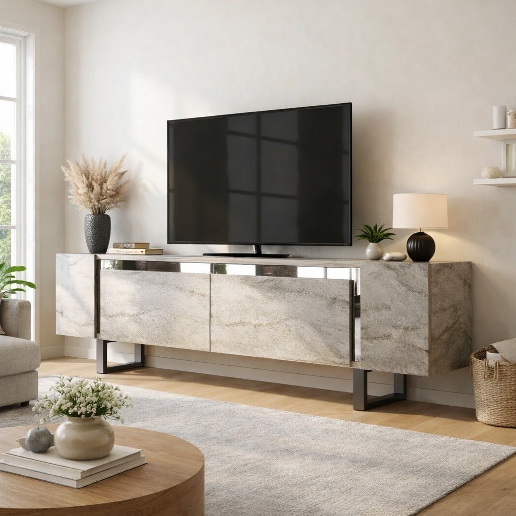 TV Meubels - TV Meubel Travertin Yildiz 180x50x30 - Zilver Frame - Dimehouse
