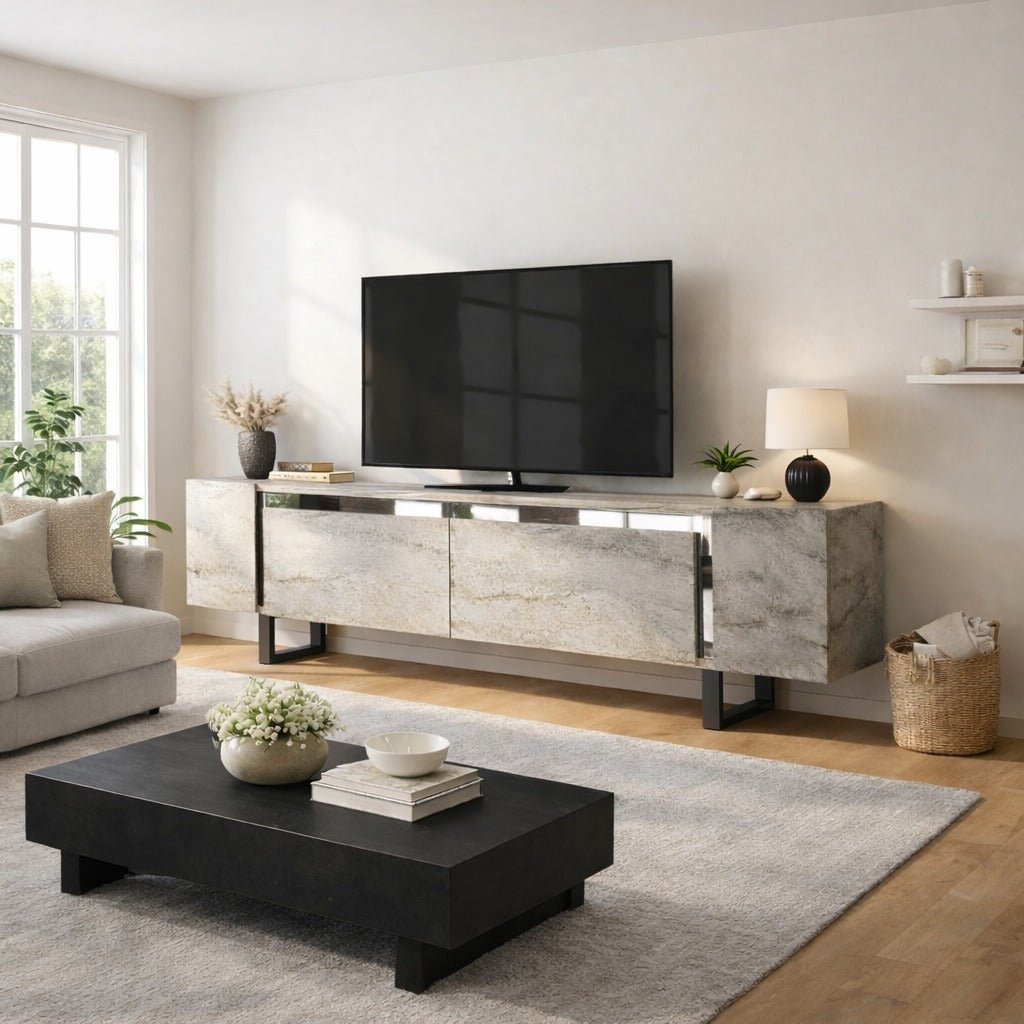 TV Meubels - TV Meubel Travertin Yildiz 180x50x30 - Zilver Frame - Dimehouse