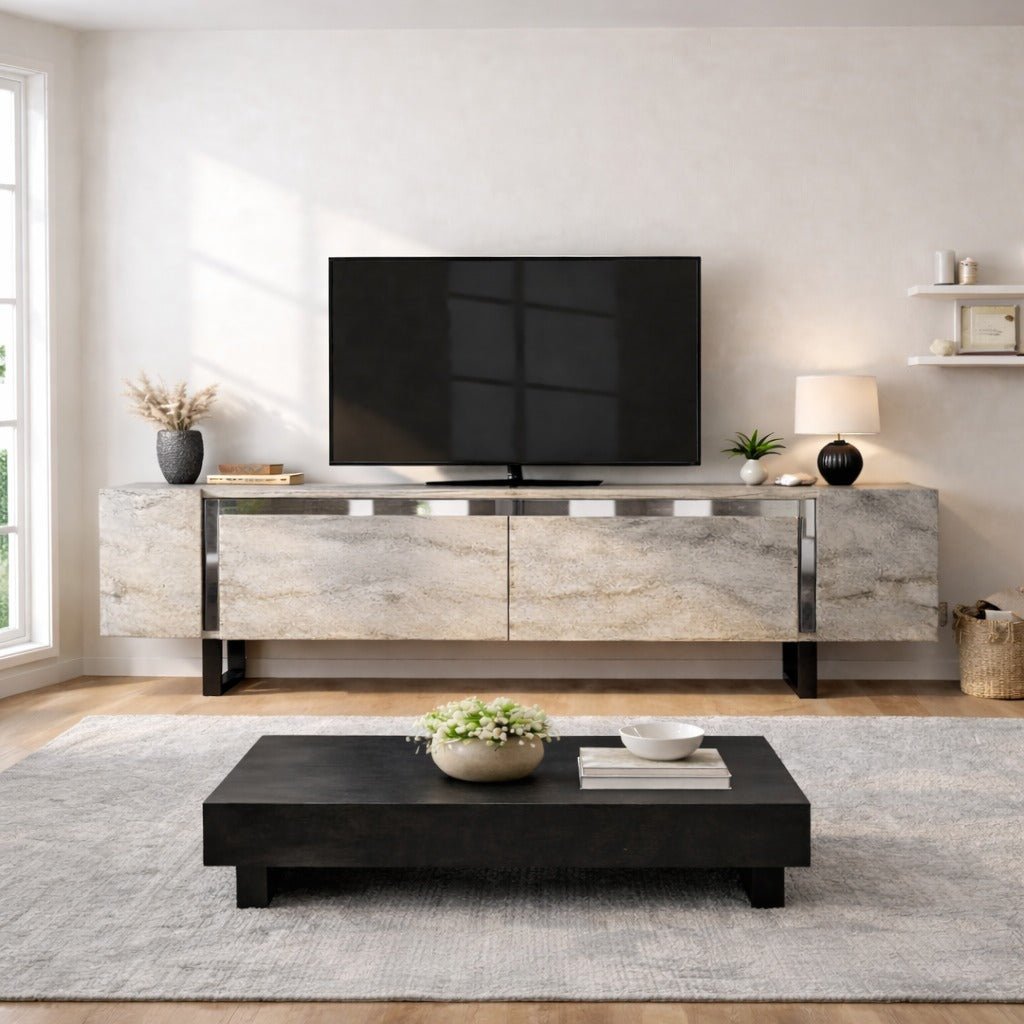 TV Meubels - TV Meubel Travertin Yildiz 180x50x30 - Zilver Frame - Dimehouse