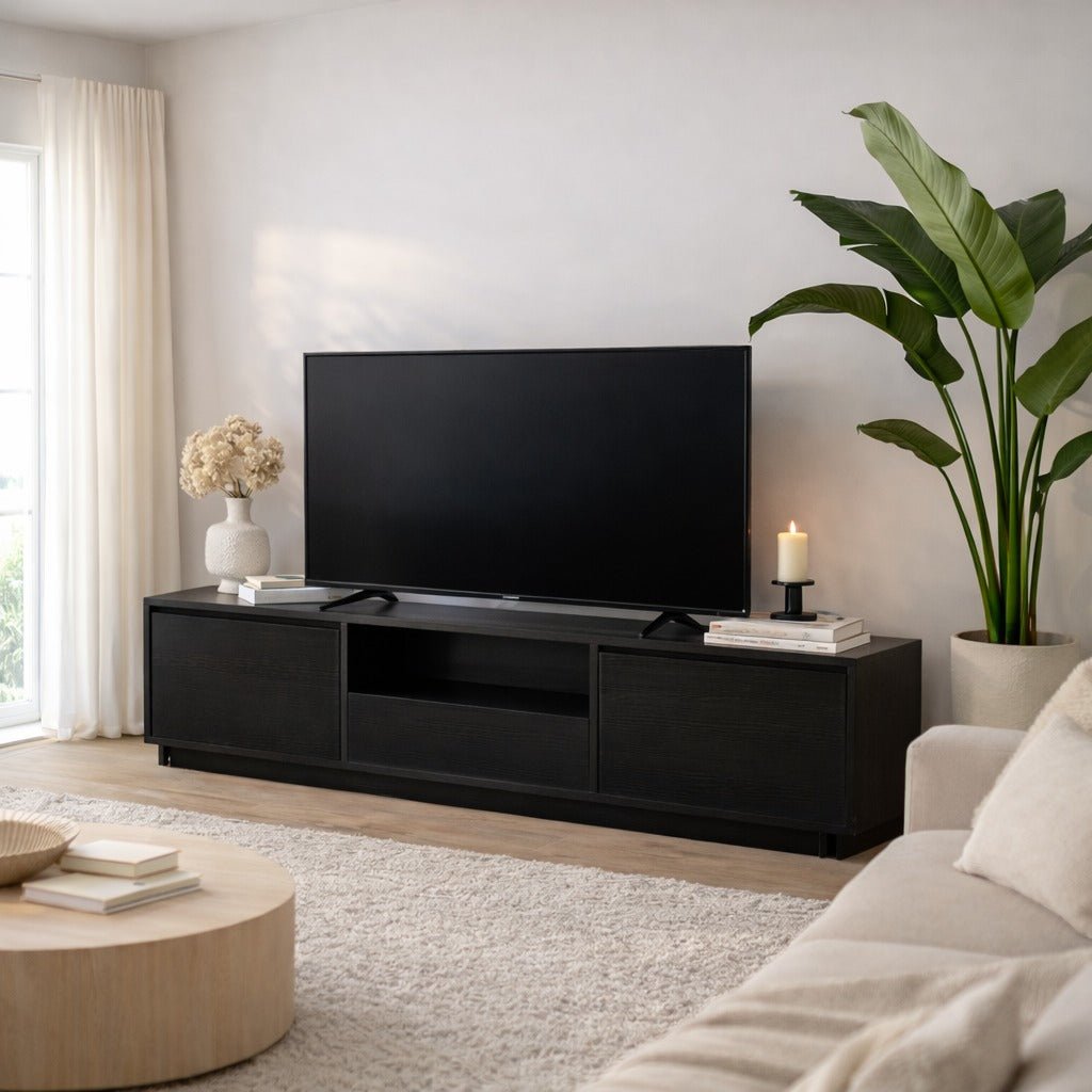 TV Meubels - TV Meubel Zwart Melamine - drie kastjes - 160x42x29,5 cm - Flare - Dimehouse