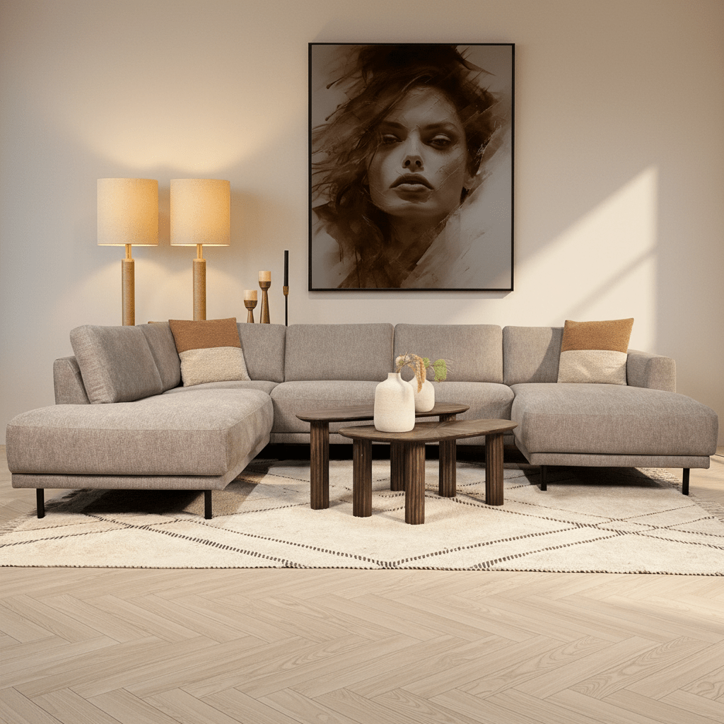 Divano angolare moderno U-Sofa in tessuto tortora - Sinistra - 310x197x142 cm - Aniko