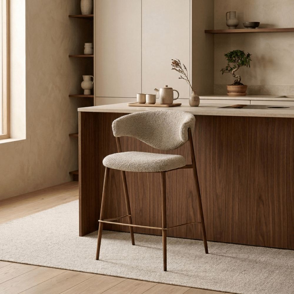 Sedia da bar color sabbia bouclé Kaito - struttura effetto noce - Japandi