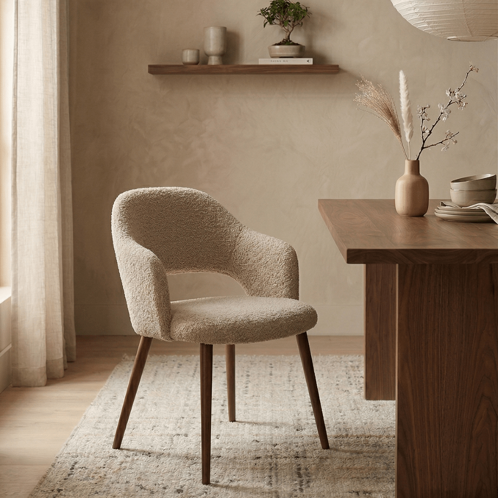 Sedia da pranzo Japandi color sabbia bouclé Aki - struttura in noce - con braccioli