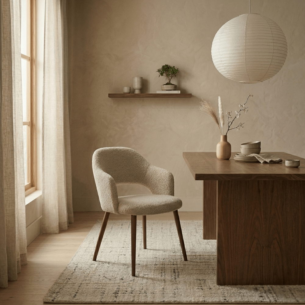 Sedia da pranzo Japandi color sabbia bouclé Aki - struttura in noce - con braccioli