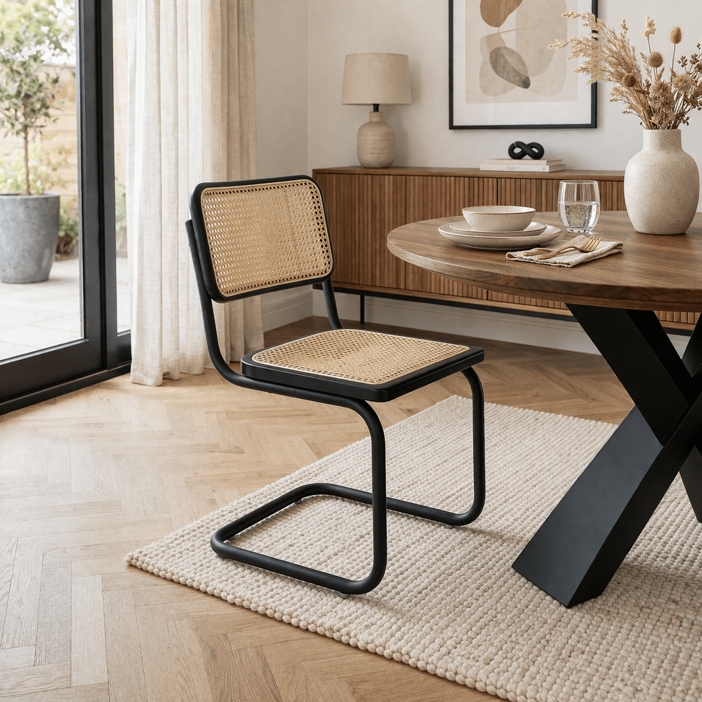 Sedia da pranzo con struttura tubolare Vester in metallo nero e cinghia in bambù - Senza braccioli