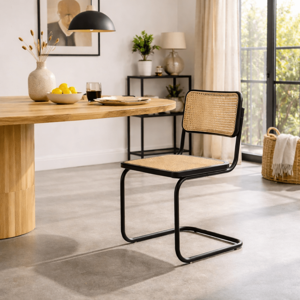 Sedia da pranzo con struttura tubolare Vester in metallo nero e cinghia in bambù - Senza braccioli