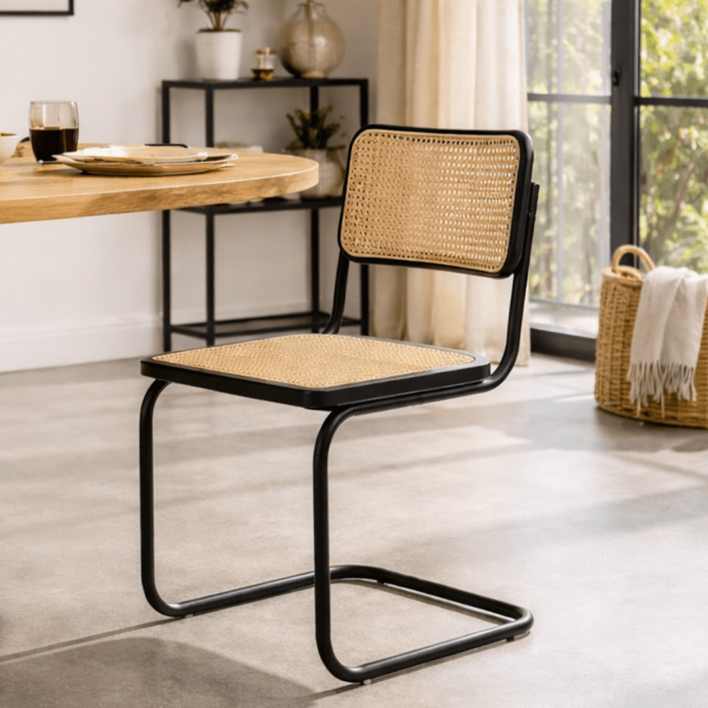Sedia da pranzo con struttura tubolare Vester in metallo nero e cinghia in bambù - Senza braccioli