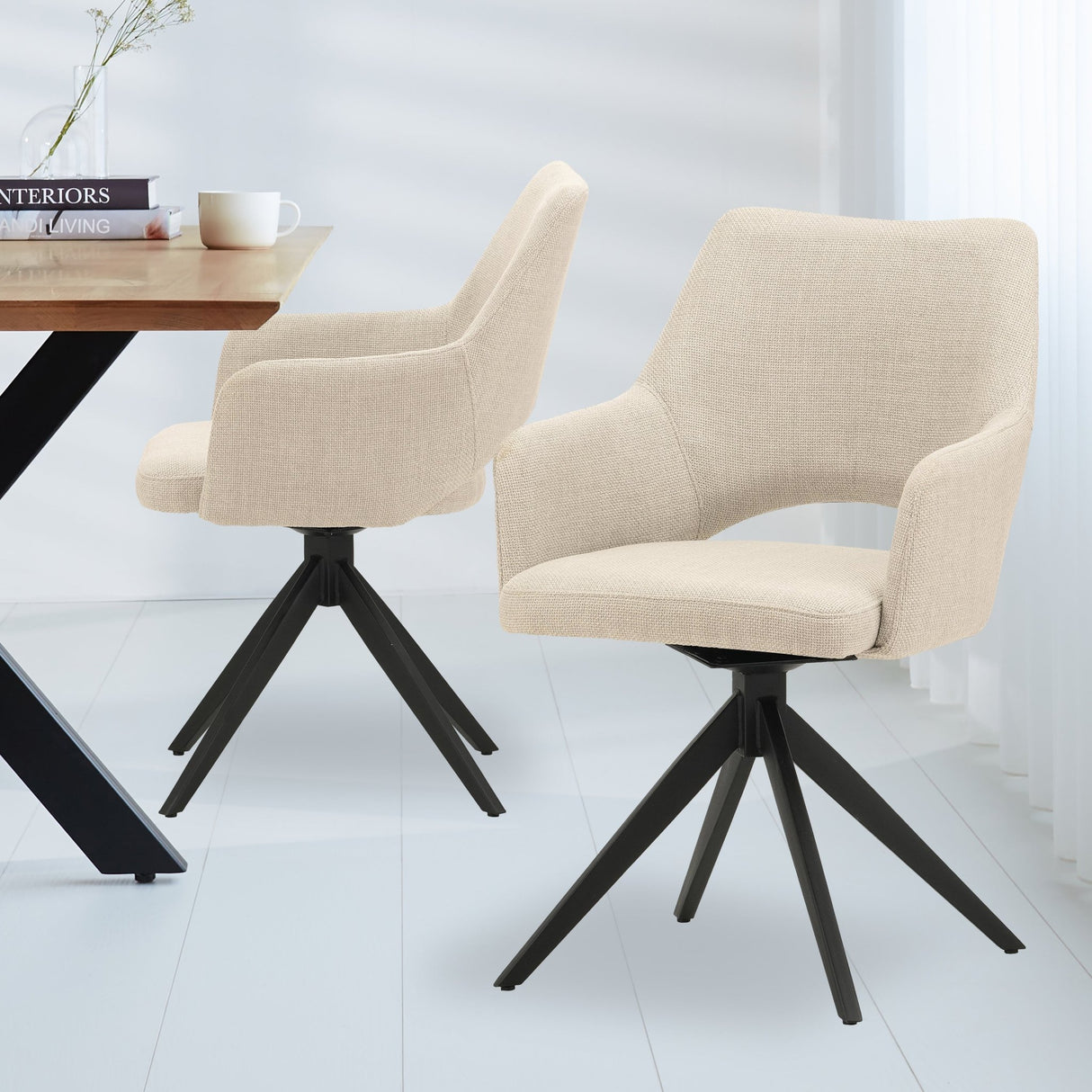 Eetkamerstoelen - Moderne Draaibare Eetkamerstoel Beige Stof Sid - Met Armleuningen - Dimehouse