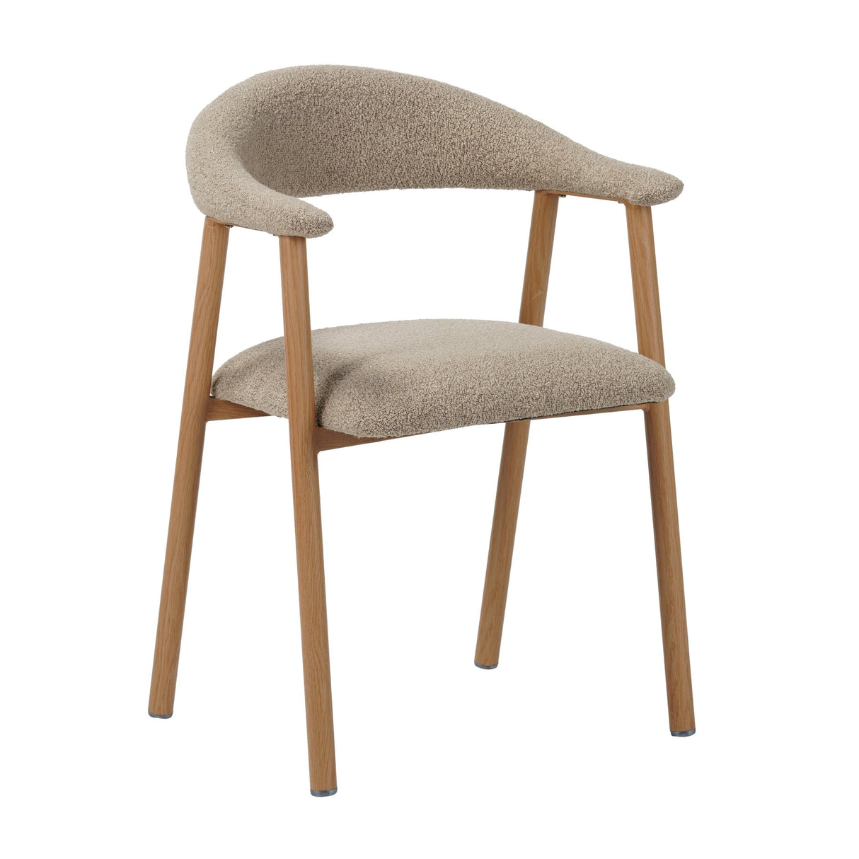 Sedia da sala da pranzo Japandi color sabbia Bouclé Suki - struttura effetto rovere - con braccioli