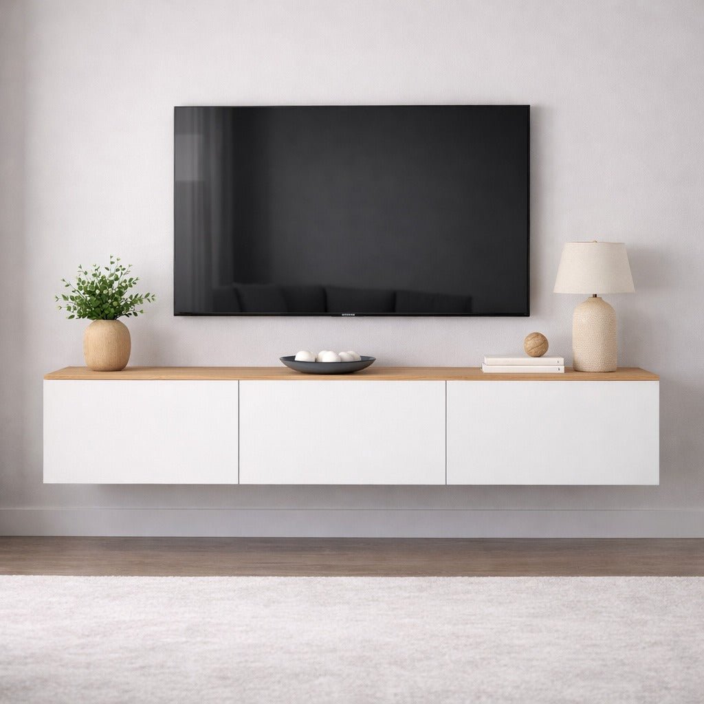 TV Meubels - Zwevend TV Meubel Wit met Eikenlook Melamine - 150x30 cm - West - Dimehouse
