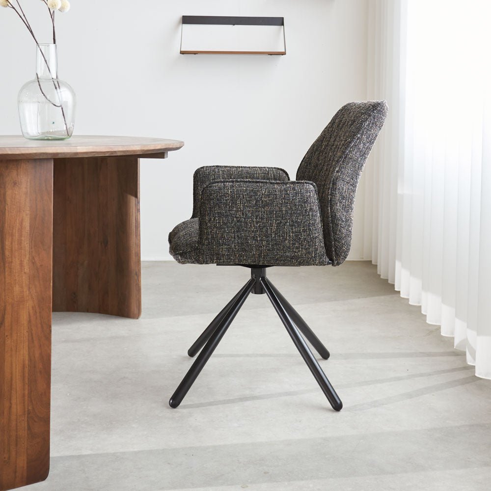 Sedia per sala da pranzo Novan in ciniglia Dimehouse Nero LxWxH 71x64x56 Tessuto Foto atmosferica vista laterale