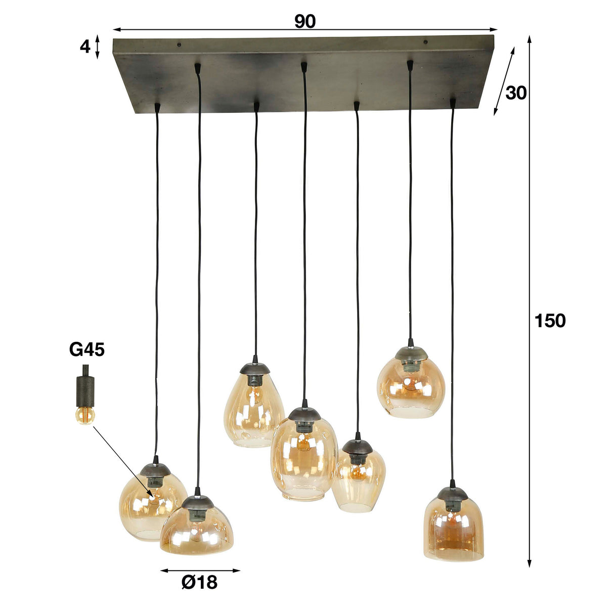 Lampada a sospensione Felien Amber DH Interno Vetro color ambra LxPxH 99x41x32 Vetro Bianco Indicazione dimensione foto