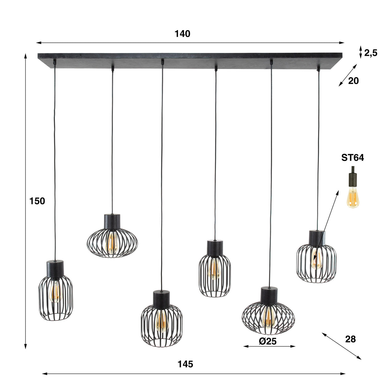Lampada a sospensione Luise DH Interior Antracite LxPxH 143x28x24 Metallo Bianco Indicazione dimensione foto