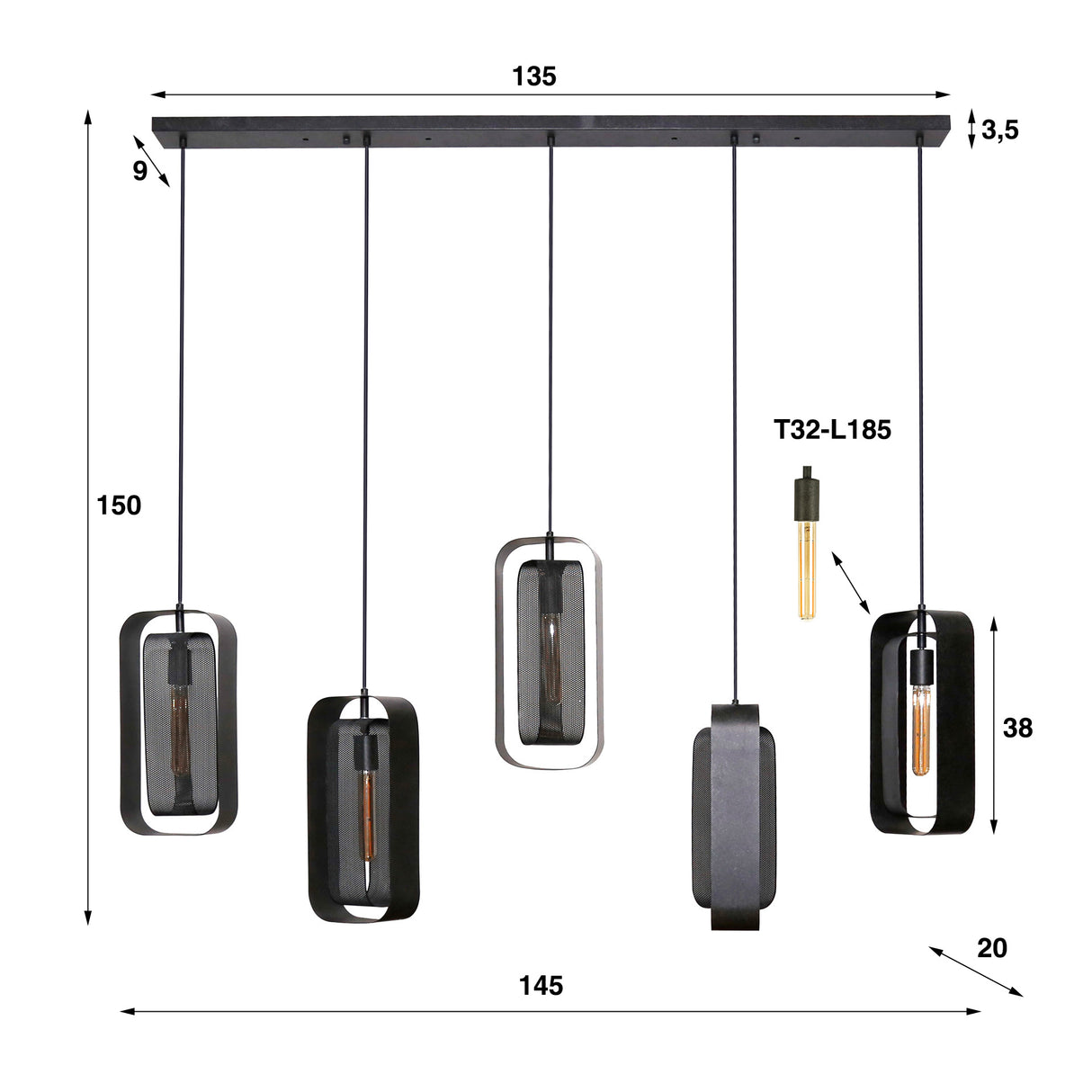 Lampada a sospensione Jeff DH Interior Nero LxLxH 141x51x15 Metallo Bianco Indicazione dimensione foto