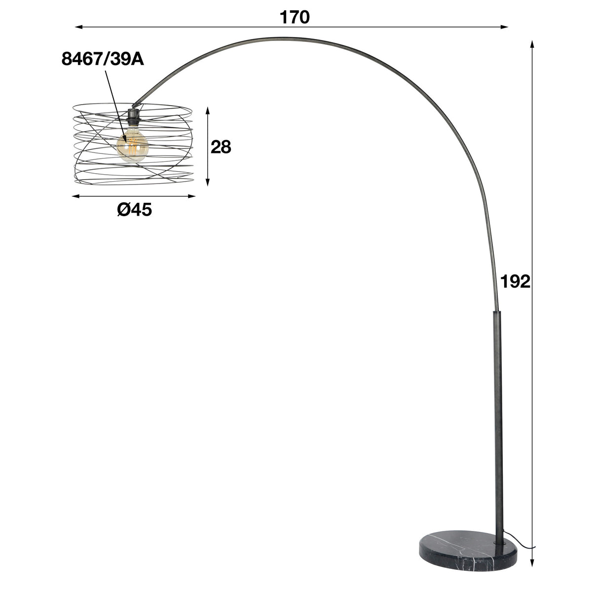 Lampada ad arco Twist DH Interior Antracite LxLxA 44x44x11 Metallo Bianco Indicazione dimensione foto