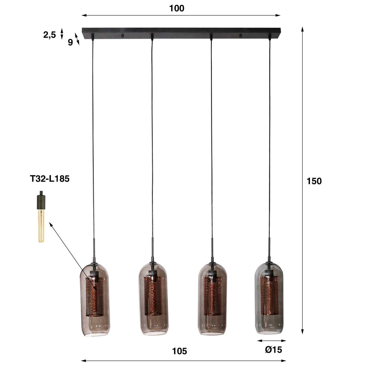 Lampada a sospensione Amy DH Interior Nero LxLxH 107x69x23 Metallo Bianco Indicazione dimensione foto