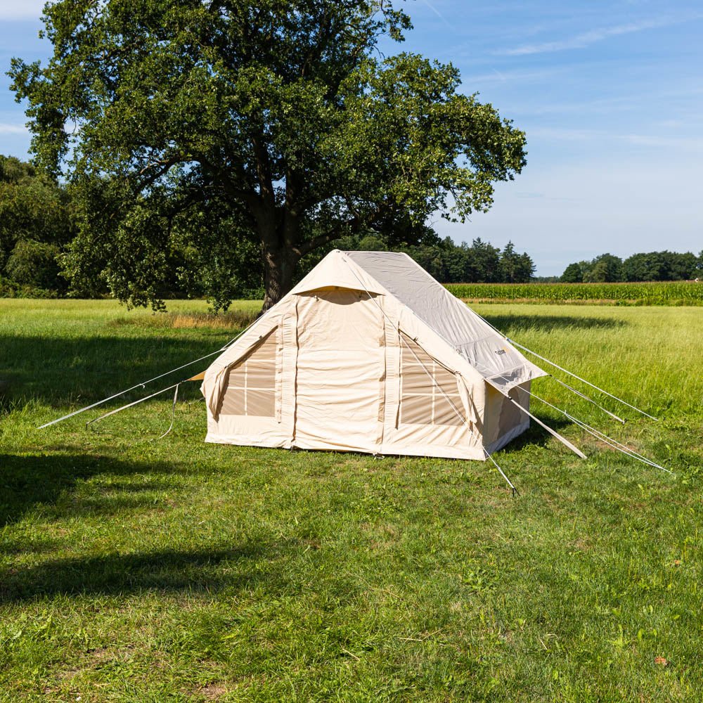 Tenda Quattro Persone Gonfiabile Beige 300x200x210 cm Dimehouse Beige LxPxA 75x48x38 Cotone Foto atmosferica vista frontale diagonale