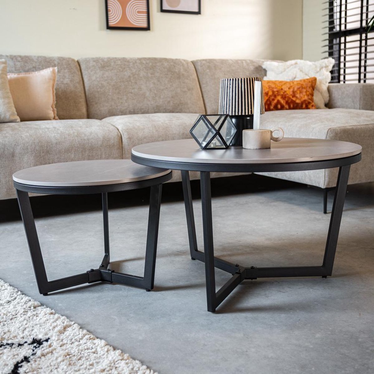 Salontafels - Salontafel Set van 2 Brady Rond Marmerlook Grijs - Dimehouse