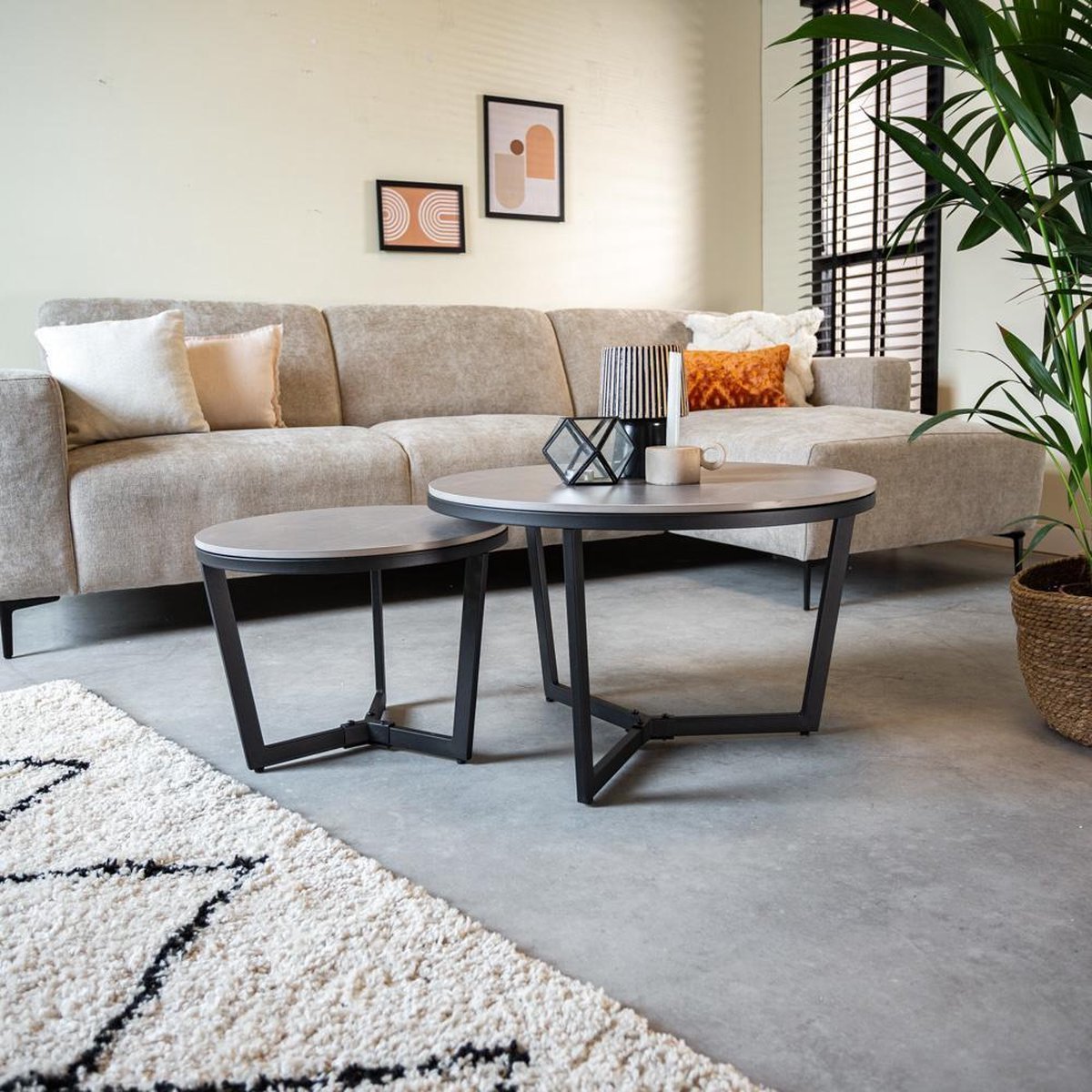 Salontafels - Salontafel Set van 2 Brady Rond Marmerlook Grijs - Dimehouse