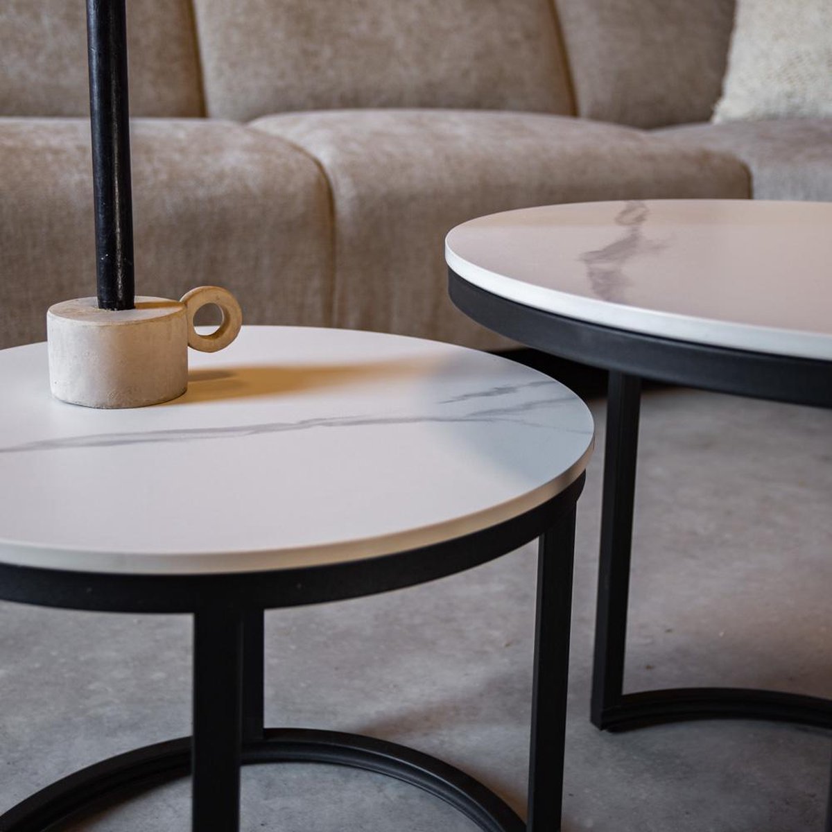 Salontafels - Ronde Salontafel Set van 2 Sintered Stone Marmerlook Paige Wit - Dimehouse