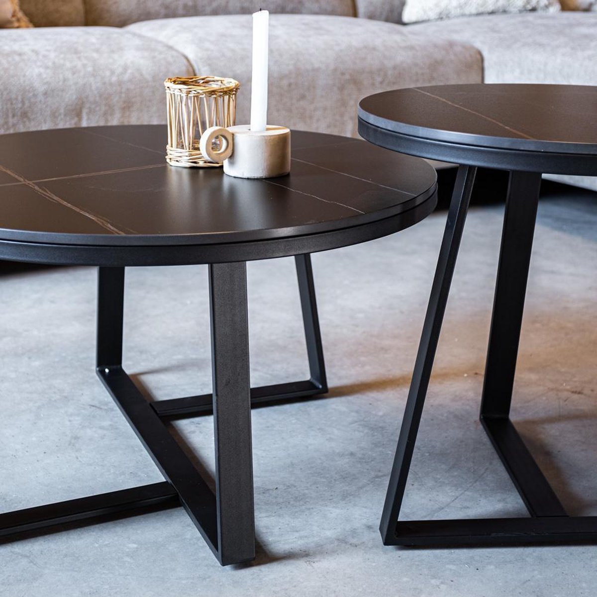 Salontafels - Salontafel Set van 2 Tanner Rond Marmerlook Zwart Rond - Dimehouse
