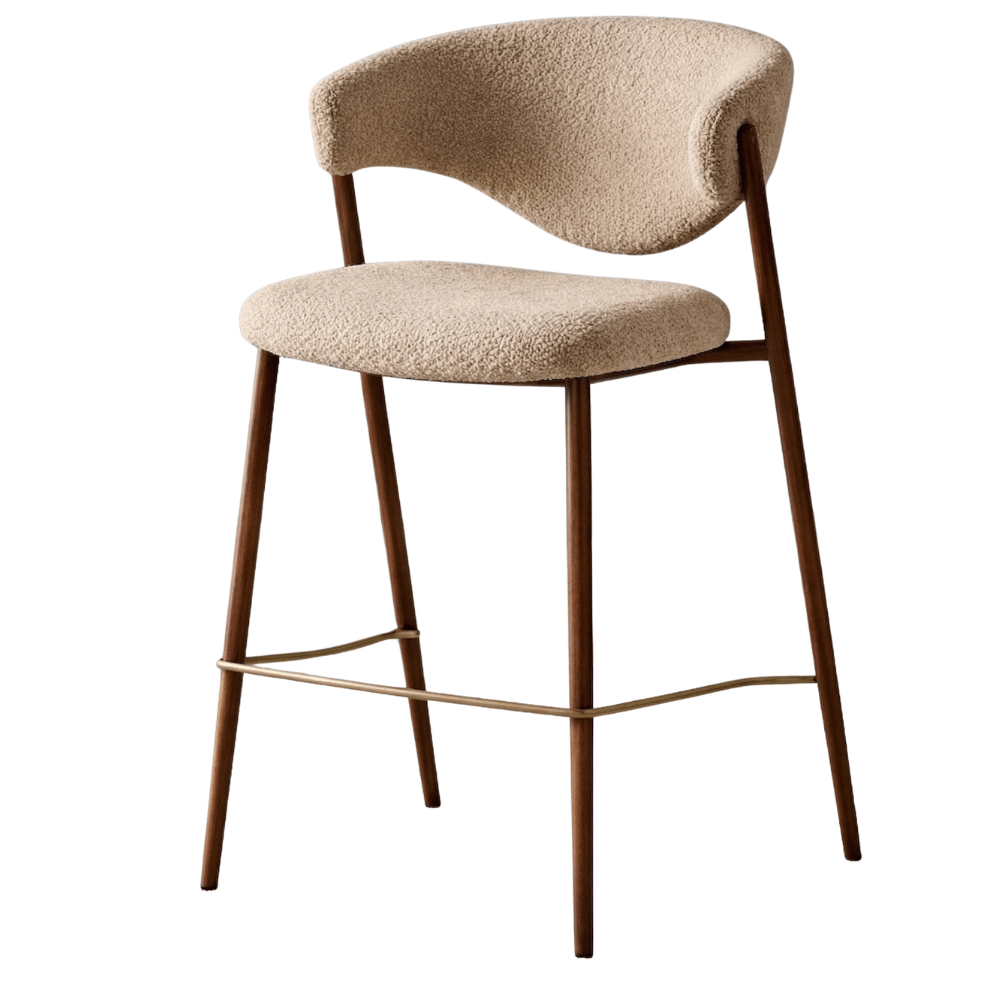 Sedia da bar color sabbia bouclé Kaito - struttura effetto noce - Japandi