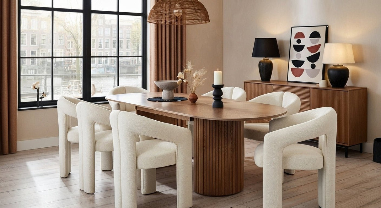 Eetkamerstoelen - Design Eetkamerstoel Beige Bouclé Maro - Volledig Stof - Dimehouse
