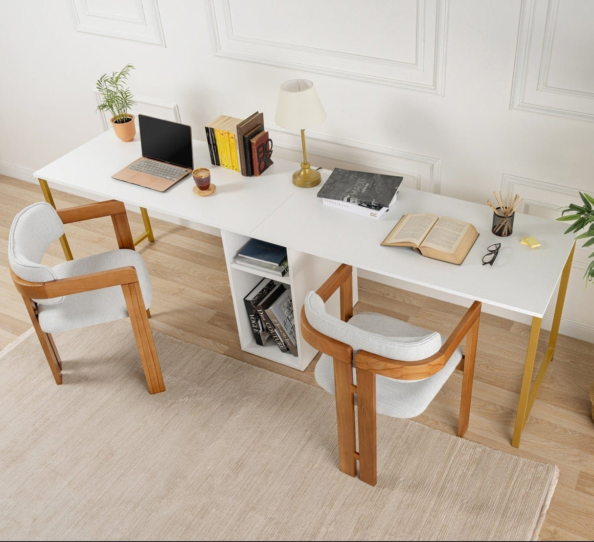 Bureaus - Studie bureau Melamine 240x60 cm Twin Study Desk wit en goud White Gold - Dimehouse