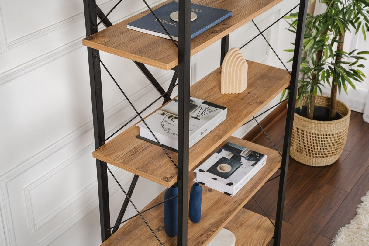 Boekenkasten - Industriële boekenkast dennenhout melamine Ely - zwart frame - 180x90 cm - Dimehouse