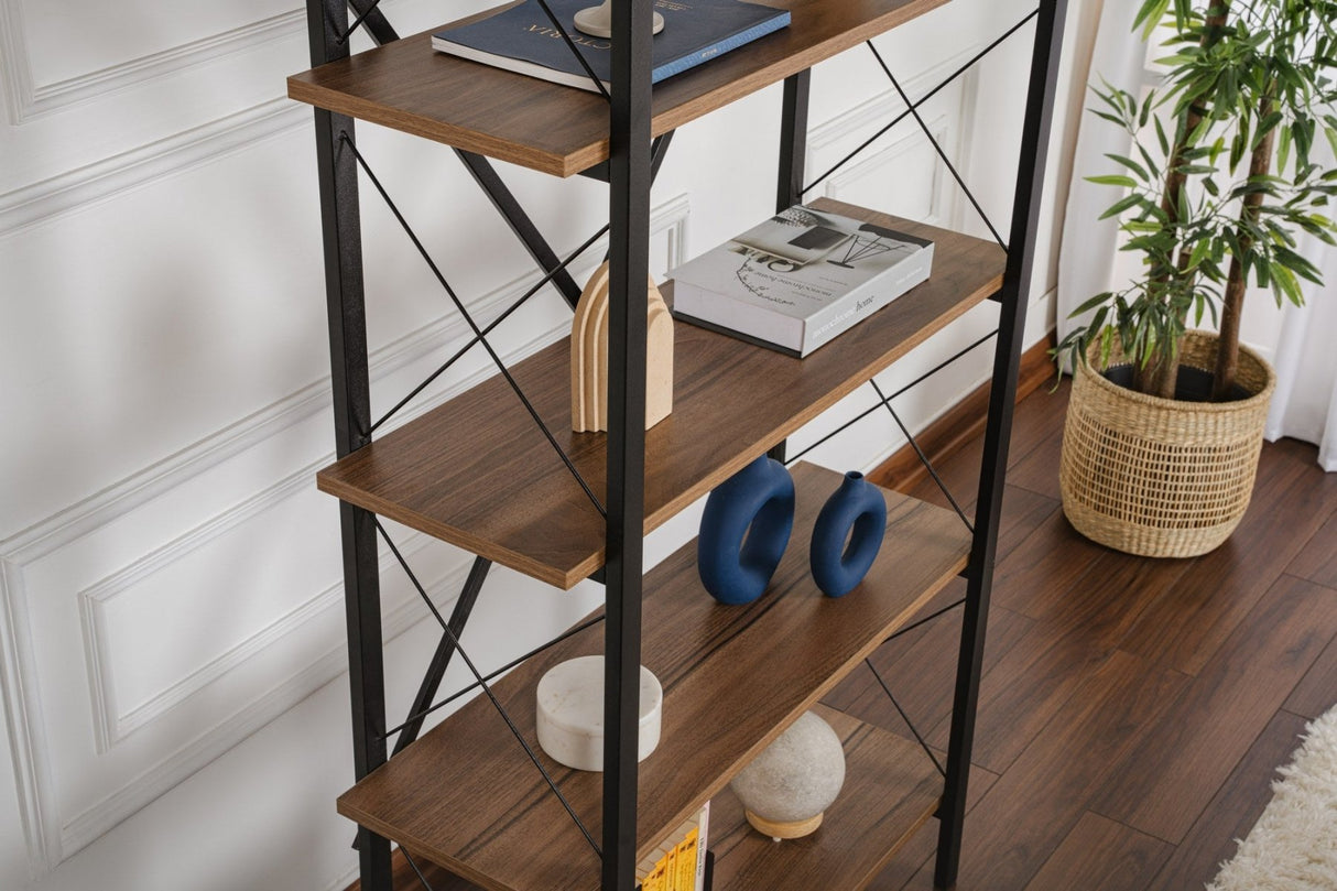 Boekenkasten - Industriële boekenkast walnoot melamine Ely - zwart frame - 180x90 cm - Dimehouse
