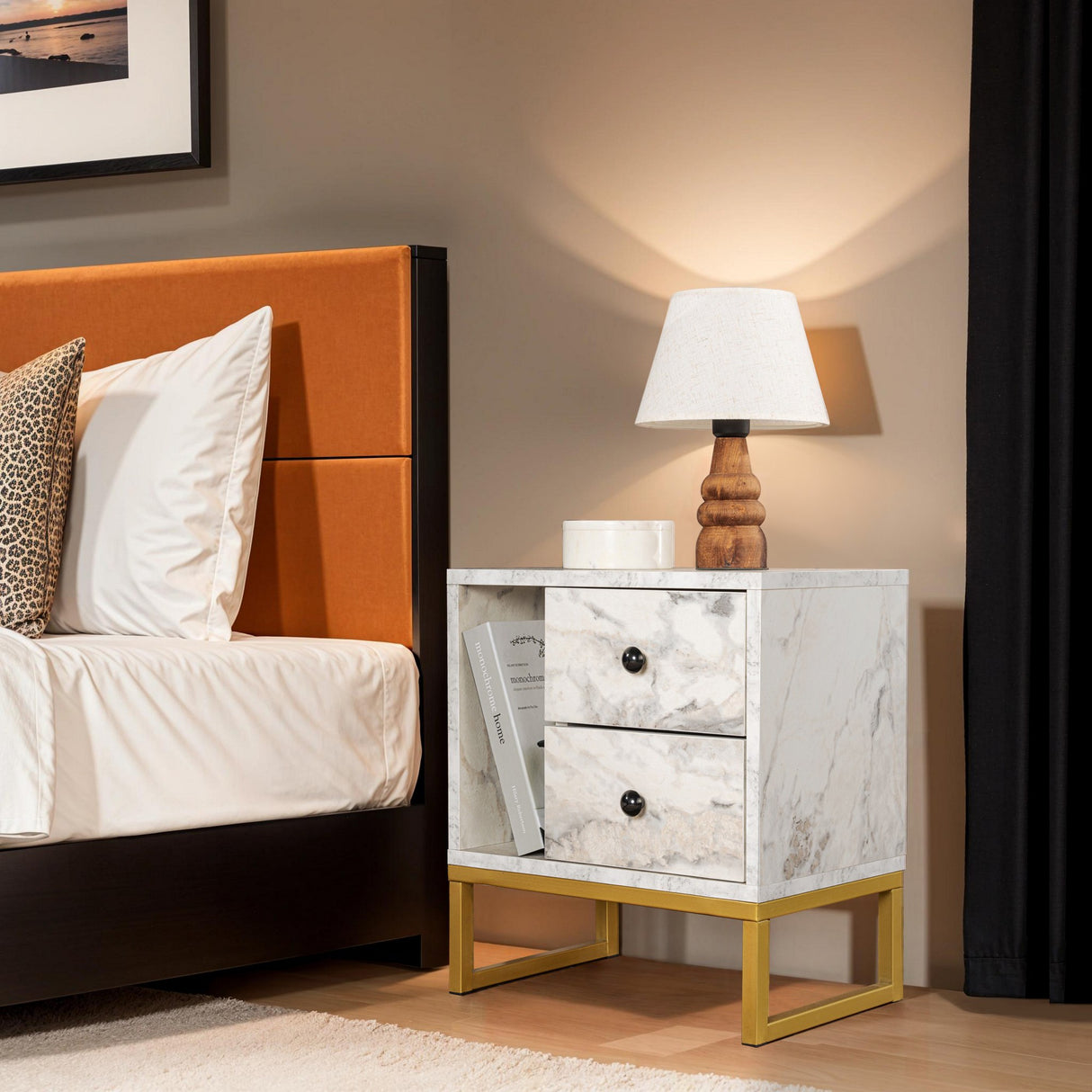 Nachtkastjes - Nachtkastje Marmer Melamine Gouden Frame Pulsar - Dimehouse