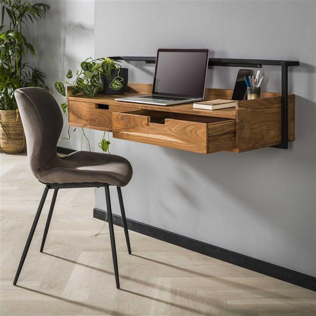 Bureaus - Zwevend Bureau Industrieel Naomi Acaciahout 2 lades 120x38x37 cm - Dimehouse
