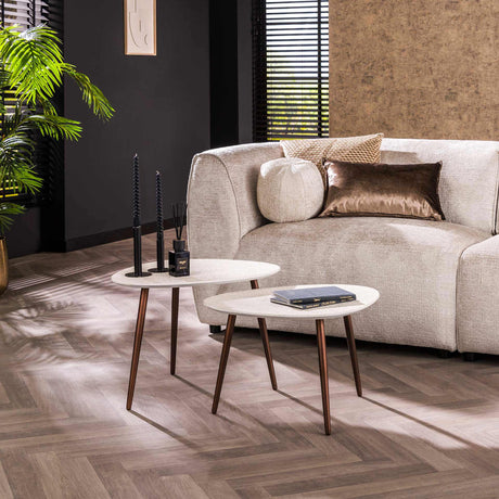 Salontafels - Salontafel Set van 2 Sylas Kiezel Wit Marmer Composiet - Brons Frame - Dimehouse