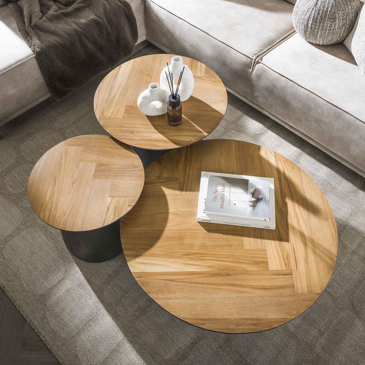 Salontafels - Salontafel set van 3 visgraad Elva teakhout - frame metaal - Dimehouse