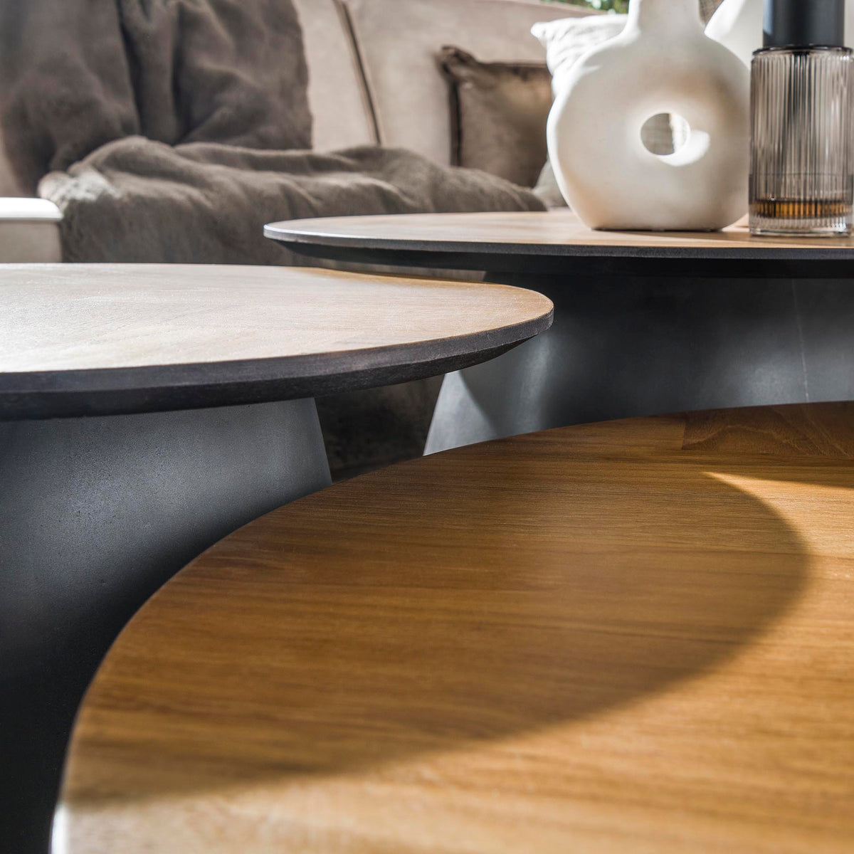 Salontafels - Salontafel set van 3 visgraad Elva teakhout - frame metaal - Dimehouse
