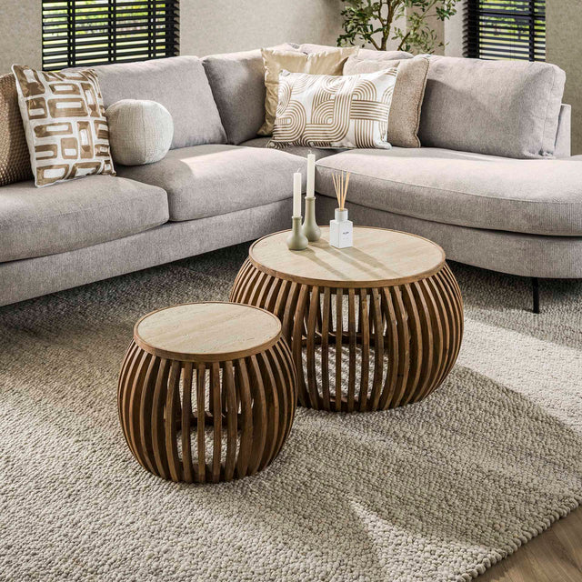 Salontafels - Vento Curve Salontafel Ø75 massief mango zand set van 2 - Dimehouse