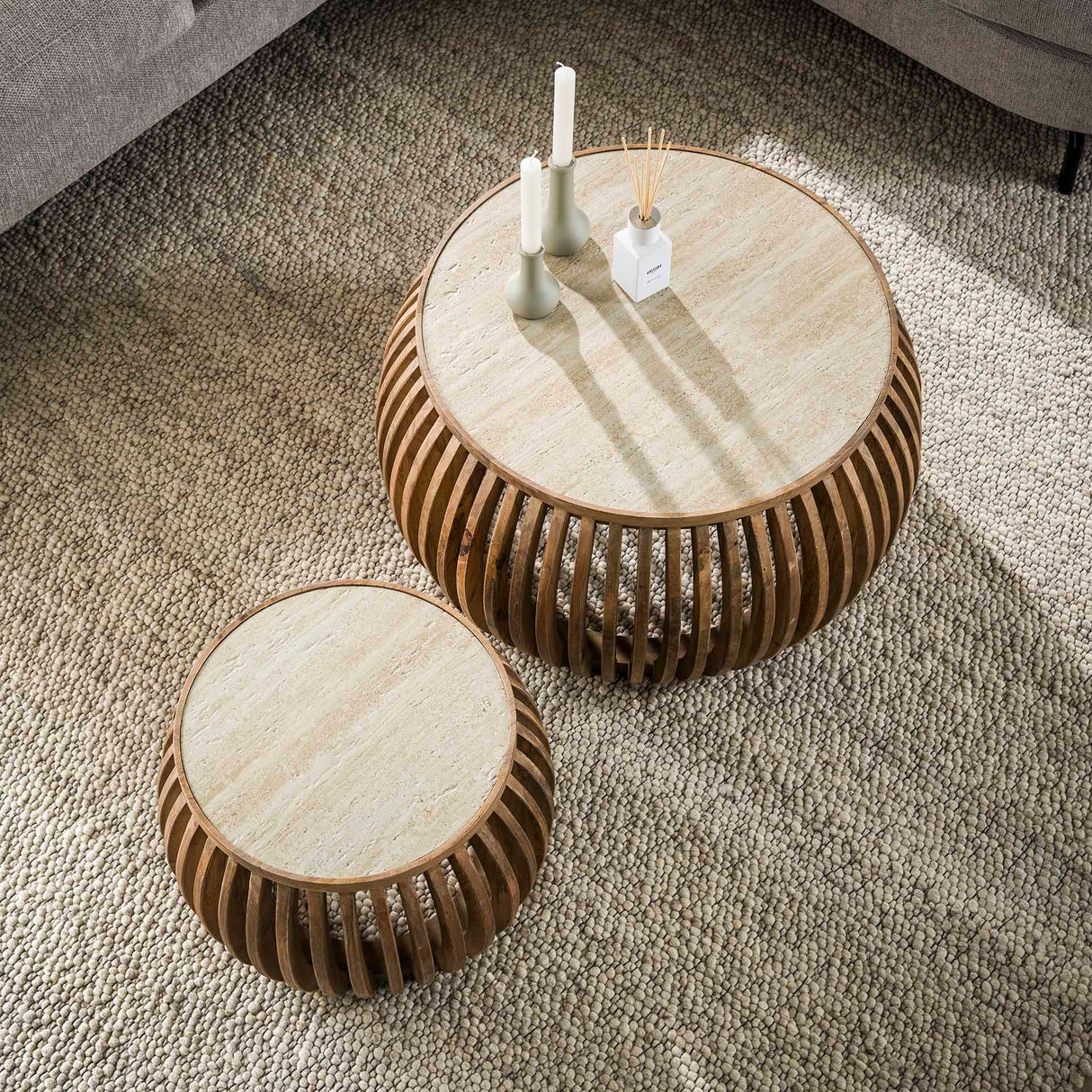 Salontafels - Vento Curve Salontafel Ø75 massief mango zand set van 2 - Dimehouse