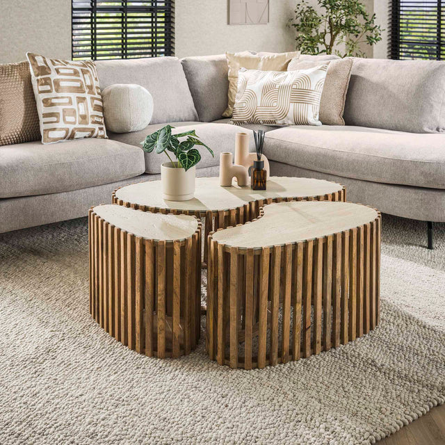 Salontafels - Vento niervormige salontafel set van 3 travertin massief mango zand - Dimehouse