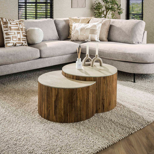 Salontafels - Vento Halfrond Salontafel Set Ø60 Massief Mango Zand - Dimehouse