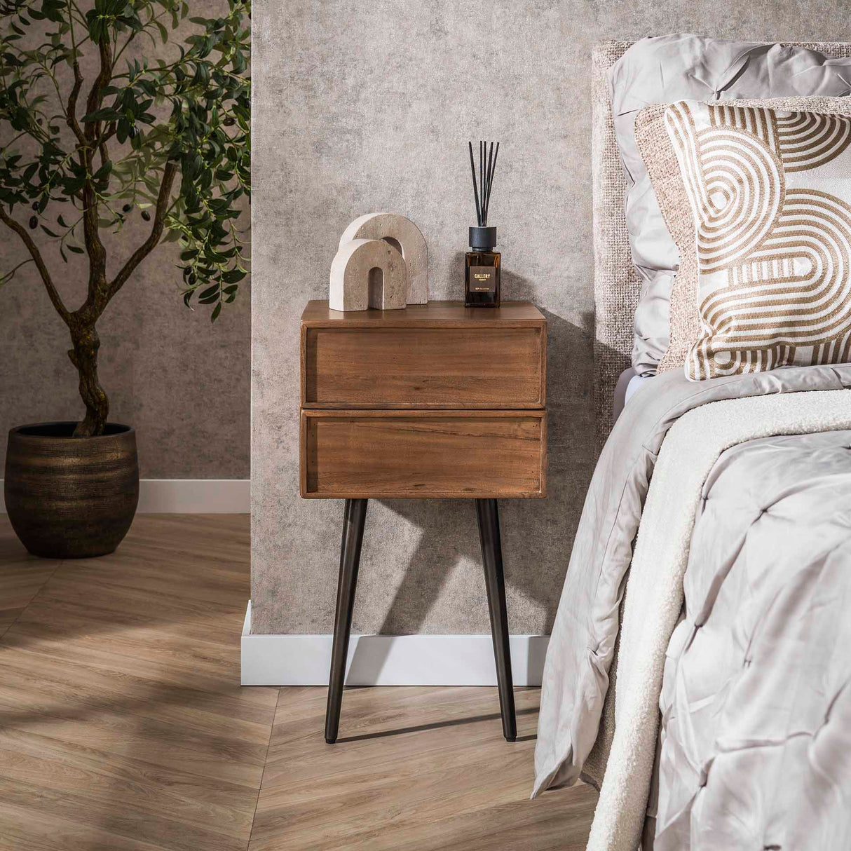 Nachtkastjes - Nachtkastje Lio Acacia Drift Brown 2 Lades - Dimehouse