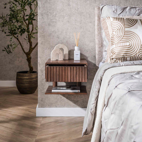 Nachtkastjes - Zwevend Nachtkastje Dex Acaciahout Drift Brown 1 Lade Open Plank - Dimehouse