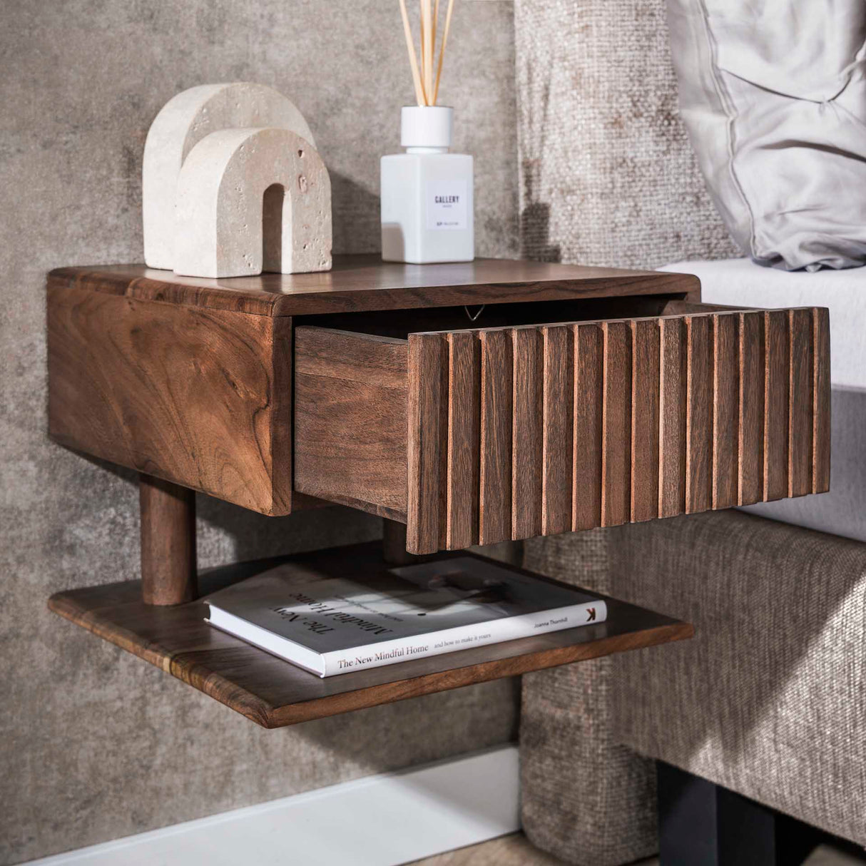 Nachtkastjes - Zwevend Nachtkastje Dex Acaciahout Drift Brown 1 Lade Open Plank - Dimehouse